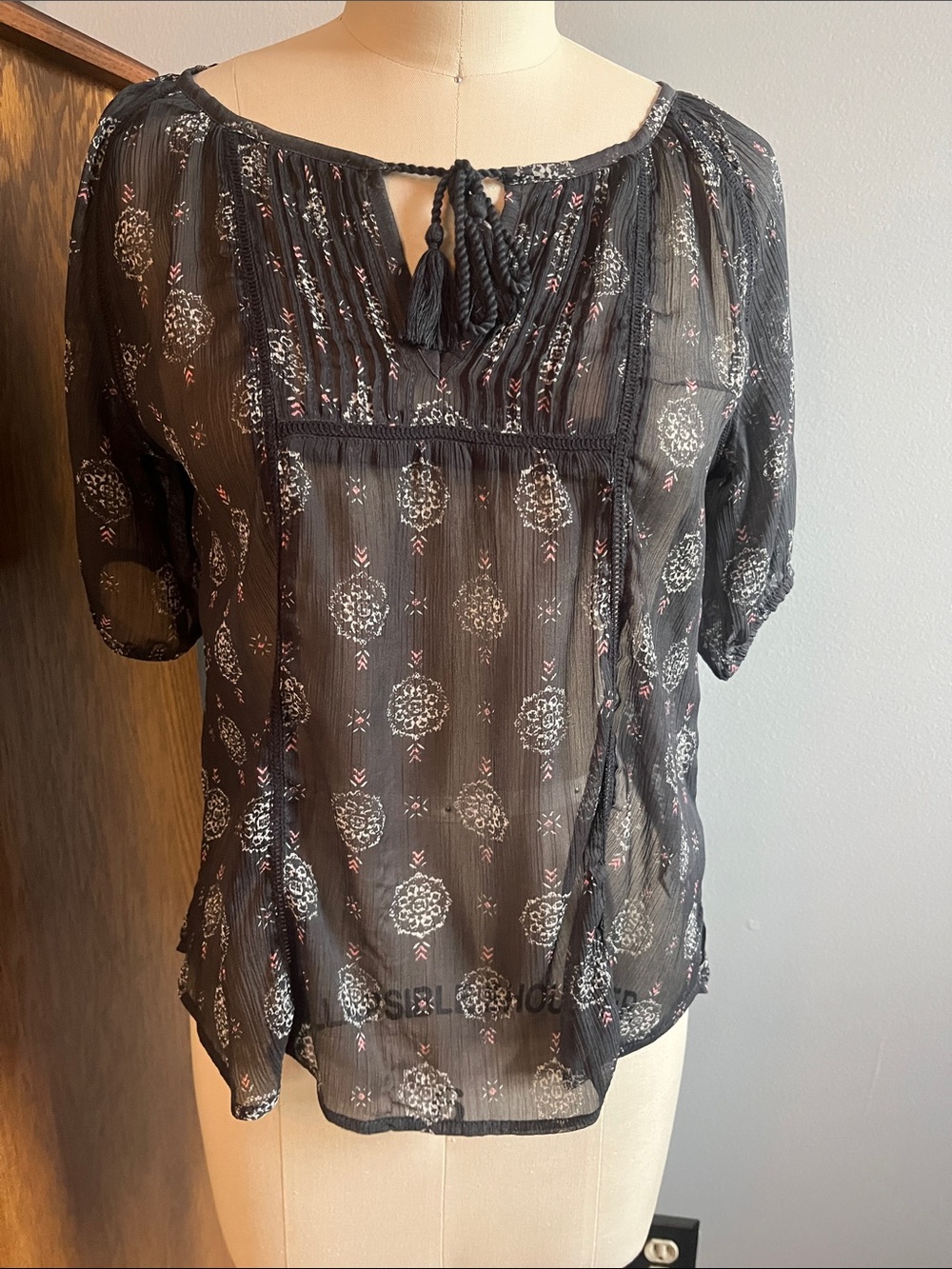 Mudd Black Sheer Tassel Tie Blouse with White & Pink Medallion Accents